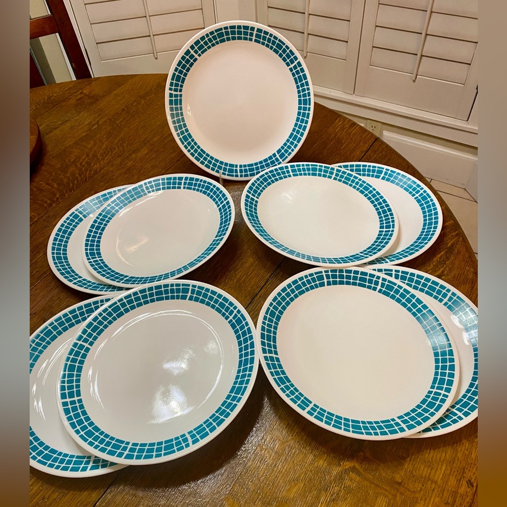 Corelle Aqua Tile Vintage Plates with Checkered Rim sold as a set of 9 Retro